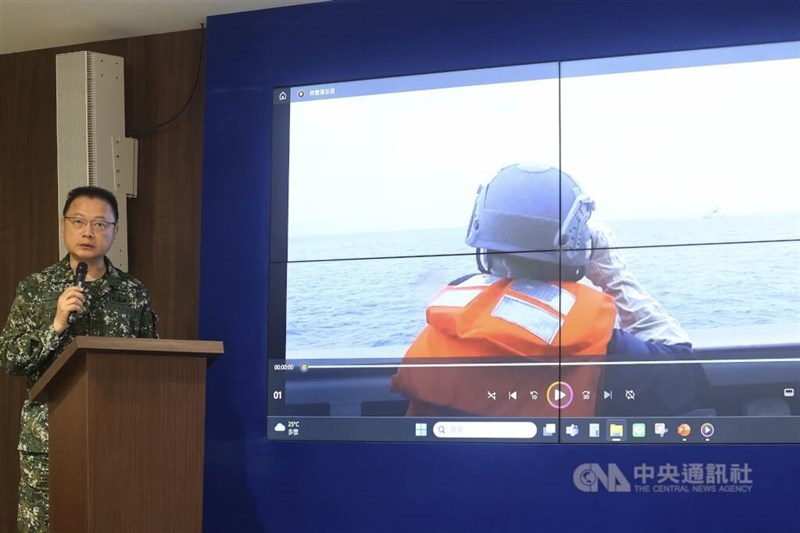 Defense ministry spokesman Major General Sun Li-fang talks about the information the armed forces have gathered regarding China's military exercises in the Taiwan Strait, during a press briefing in Taipei Thursday. CNA photo May 23, 2024